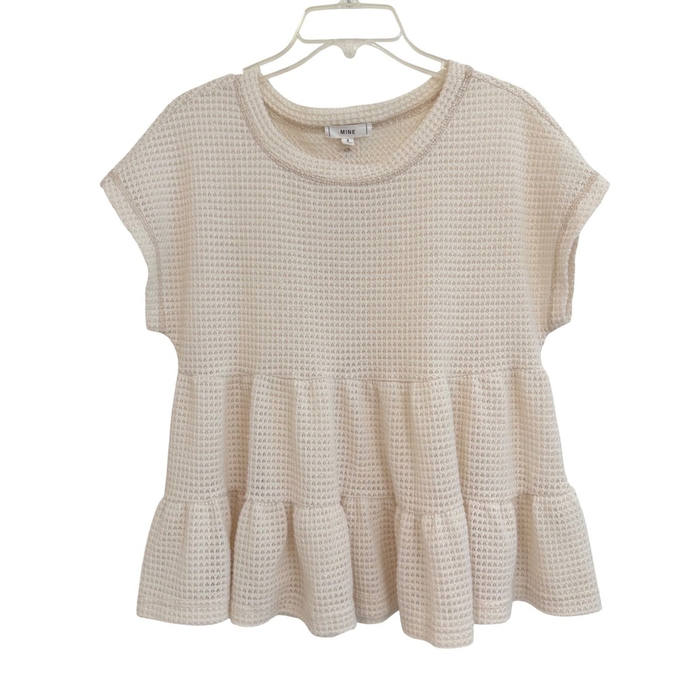 Mine Anthropologie Boho Waffle Knit Tiered Babydoll Top Cream Button Back S EUC